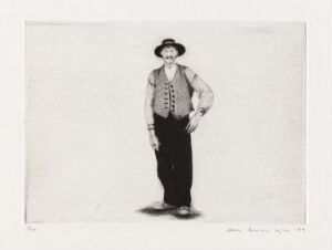  "Rallare IV" by Arne Bendik Sjur, a drypoint on paper featuring a monochrome representation of a man standing confidently with hands on hips, donning a wide-brimmed hat, vest, and boots, set against a stark white background.