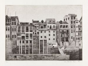  "Urby ved floden" by Arne Bendik Sjur, a monochromatic cold needle etching on paper depicting a densely packed array of European-style buildings along a river, with intricate architectural details accentuated by varying shades of gray that create a sense of depth and texture.