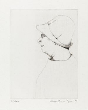  "Kvinne i profil" by Arne Bendik Sjur, a minimalist monochrome drypoint line drawing on paper, showing the profile of a woman in a cap with delicate, precise lines defining her facial features against a stark white background.