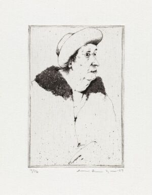  "Etter et langt liv. Kvinne med hatt I" by Arne Bendik Sjur, a black and white drypoint etching on paper depicting the serenely reflective profile of an elderly woman wearing a beret-style hat, with fine lines capturing the textures of her hat and fur collar, and her face marked by the passage of time. The contrasting shades of black and white emphasize the woman's serene expression and the artwork’s focus on graceful aging.