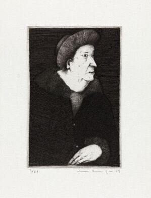  "Etter et langt liv. Kvinne med hatt III" by Arne Bendik Sjur - A black and white drypoint etching depicting the profile of an elderly woman wearing a wide-brimmed hat, detailed through fine lines and shading on paper, reflecting a sense of depth and character.