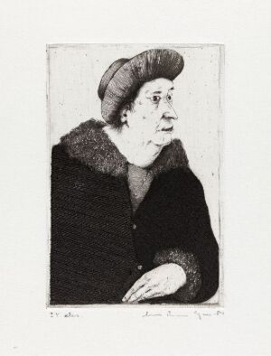  Black and white drypoint print on paper titled "Etter et langt liv. Kvinne med hatt II" by Arne Bendik Sjur, depicting the profile of an elderly woman with a contemplative expression wearing a hat and fur coat, rendered with fine lines and rich textures.