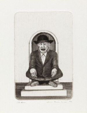  Monochromatic drypoint artwork titled "Kløver 2. Ordfolk. Ivar Aasen" by Arne Bendik Sjur, featuring a historically dressed figure seated cross-legged on a two-stepped platform against a plain background, with a notable array of gray shades creating texture and depth.
