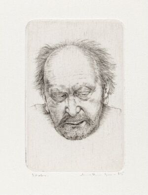  "Ruter 7. Gravarar. Kyrkjegardsgravar" by Arne Bendik Sjur, a grayscale drypoint artwork on paper depicting a detailed portrait of an elderly man with closed eyes and a thoughtful expression, surrounded by a blank background.