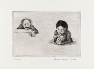  Black and white etching titled "Mor, hvorfor holder du meg så fast? II" by Arne Bendik Sjur, featuring two scenes: to the left, a crying infant gripping onto an edge, and to the right, a smiling toddler lovingly holding a plush toy, all rendered in detailed lines on textured paper.