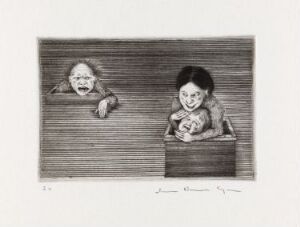  "Mor, hvorfor holder du meg så fast? III" by Arne Bendik Sjur, a black and white drypoint on paper. It depicts two children peering over a wooden barrier; one appears distressed and shouting while the other holds a stuffed animal and seems content. The background consists of horizontal lines suggesting an indoor setting.