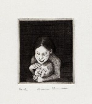  "Mor, hvorfor holder du meg så fast? VI" by Arne Bendik Sjur is a grayscale drypoint print on paper, featuring a young girl embracing a smaller figure, with a tender expression, set against a dark, shadowed background.