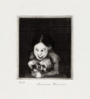  "Mor, hvorfor holder du meg så fast? VII" by Arne Bendik Sjur, a drypoint print portraying a young woman with an eerie smile, holding a human skull tightly to her chest against a stark black background, invoking a sense of protectiveness and macabre intimacy.