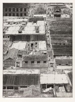  "Beijing II" by Arne Bendik Sjur, a grayscale etching on paper depicting a crowded urban landscape from a high vantage point, showcasing a variety of rooftops and architectural styles in a dense arrangement, emphasizing texture and depth without the use of color.