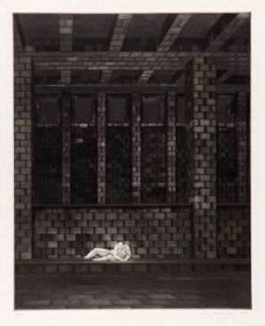  A black and white artwork titled "Så lenge det spinn liv, så seg ikkje aldrig II" by Arne Bendik Sjur, showing a tranquil scene with a person lying on the floor in a checkered patterned interior with a partially visible open-framework structure in the background. The image conveys solitude and calmness through detailed etching in shades of gray on paper.