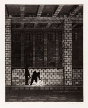  "Så lenge det spinn liv, så seg ikkje aldrig IV", a dark brown and black monochromatic drypoint fine art by Arne Bendik Sjur depicting an architectural interior with a textured brick wall, large geometric patterned window with obscured panes, and the silhouette of a human figure leaning forward as if pushing or carrying a heavy weight. The detailed depiction of bricks and beams contrasts with the simplified human form, creating a sense of depth and narrative.