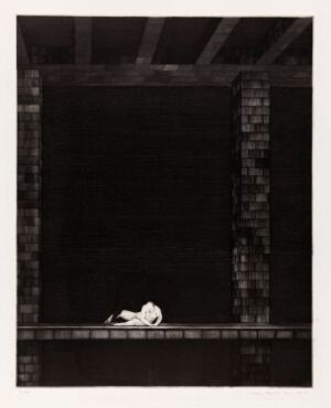  "Så lenge det spinn liv, så seg ikkje aldrig VI" by artist Arne Bendik Sjur is a fine art drypoint print on paper, depicting a dramatic scene with a lone, brightly highlighted figure lying on a dark stage-like setting, framed by deep shadows and architectural elements in a monochromatic sepia-toned palette.