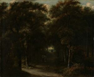  "Parklandskap", an oil painting on wood panel by Salomon Rombouts, depicting a tranquil wooded landscape in muted earth tones with a pathway leading into the dense forest, under a softly lit sky with mottled light filtering through the foliage.