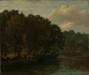  "Woodland Scene" by an unidentified Flemish artist depicting a serene forest with dense foliage in earthy greens and browns reflecting off the surface of a central, dark blue-green body of water under a soft pastel sky.