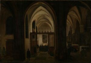  "Church Interior" by Hendrik van Steenwijck d.e., depicting a dimly lit, Gothic-style church interior with tall, pointed arches lining a central aisle leading to a bright altar, with modestly dressed people, painted in deep browns and subtle gold tones on wood.