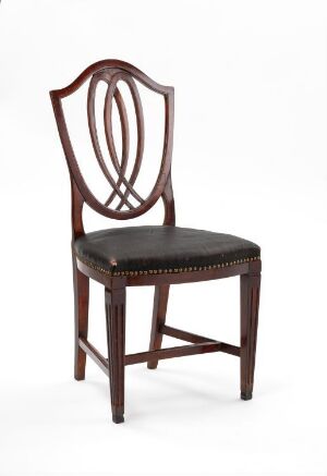  An elegant traditional chair with a glossy mahogany wood frame and a dark upholstered seat, featuring an oval-shaped looping backrest and subtle brass nailhead trim around the seat edges.