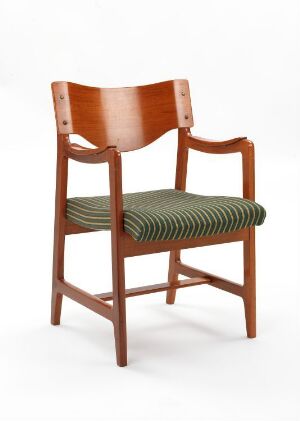  A mid-century modern armchair by Hiorth & Østlyngen with a teak wood frame and green striped wool-upholstered seat cushion. The chair, titled 104/1479, showcases a rich, reddish-brown teak veneer with straight lines and minimal design, a single curved backrest, and angled armrests for comfort.