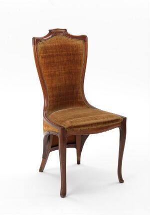  An antique wooden chair with a tall, curved backrest and a striped upholstered seat in shades of golden and chocolate brown, against a neutral off-white background.