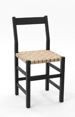  A John Kandell designed chair with a black fargelakkert beech frame and a herringbone twill woven seat in natural fiber colors.