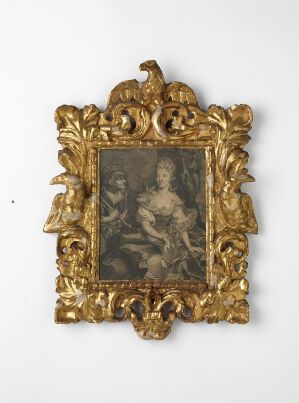  An ornate, golden baroque frame with a crest-like adornment at the top surrounds a monochromatic painting depicting a classical figure, set against a nondescript background, exuding a sense of antiquity.