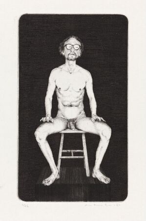  "The Raven," a black and white etching by Arne Bendik Sjur, depicting an intense, nude male figure seated on a stool with a direct gaze, rendered with fine lines and contrasting shading on paper.