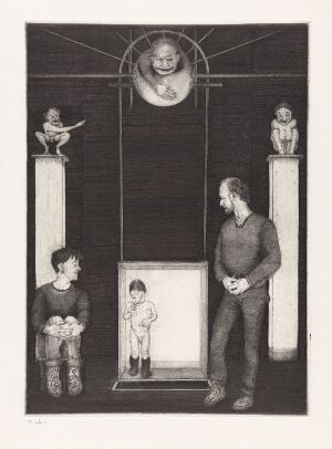  "Hva far gjorde - var alltid rett! La meg gjøre det samme! XVIII" by Arne Bendik Sjur is a monochromatic drypoint print featuring a man and two children in a structured, room-like space with a smiling, radiant face overhead flanked by cherubic figures on tall columns, all rendered in detailed shades of black and gray.