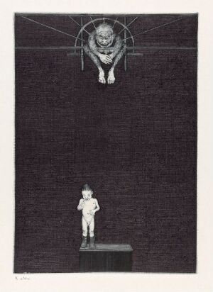  "Hva far gjorde - var alltid rett! La meg gjøre det samme! XXV" by Arne Bendik Sjur is a black and white drypoint print on paper featuring a detailed lion's face within a celestial chart at the top and a child figure standing on a pedestal below, set against a dark background with intricate geometric shapes connecting the two elements.