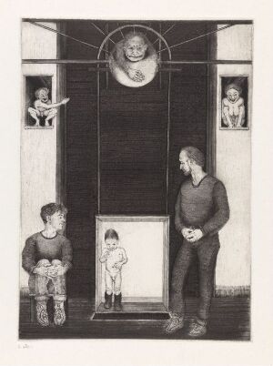  Monochrome drypoint etching by Arne Bendik Sjur titled "Hva far gjorde - var alltid rett! La meg gjøre det samme! XVII" featuring a contemplative man observing a child standing in a doorway with another child seated holding a doll, under the watchful presence of a large, haloed smiling face above.