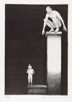  A black and white drypoint print titled "Hva far gjorde - var alltid rett! La meg gjøre det samme! XXVI" by Arne Bendik Sjur, featuring two solitary figures perched atop separate pedestals against a dark backdrop; a smaller child-like figure on the left and an adult figure crouching on a taller pedestal to the right, both highlighted in white with subtle shading.