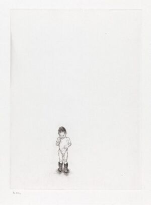  "Hva far gjorde - var alltid rett! La meg gjøre det samme! XI" by Arne Bendik Sjur is a minimalistic drypoint artwork on paper depicting a lone young boy in dark boots and light clothes centered against a vast white background, conveying a sense of introspection and solitude.