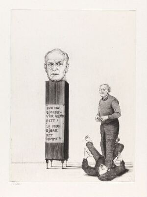  A black and white drypoint print by Arne Bendik Sjur titled "Hva far gjorde - var alltid rett! La meg gjøre det samme! IV", featuring a tall column with a large human head on top, a smaller contemplative man standing to the side, and a figure lying on the ground in front, all rendered in detailed monochrome.