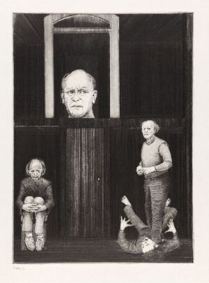  Black and white visual art by Arne Bendik Sjur titled "Hva far gjorde - var alltid rett! La meg gjøre det samme! VIII" displayed on paper, featuring a large disembodied head of a somber-looking older man above three ambiguous child figures in a mysterious architectural setting, created using the koldnål technique.