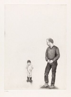  Etching by Arne Bendik Sjur titled "Hva far gjorde - var alltid rett! La meg gjøre det samme! XII," depicting an adult man and a child standing separately to the right and left, respectively, with the man looking down towards the child, both surrounded by ample white