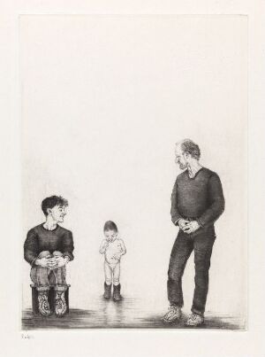  "Hva far gjorde - var alltid rett! La meg gjøre det samme! XIII" by Arne Bendik Sjur is a monochromatic drypoint etching, depicting two adults and a child standing apart from each other with a sense of emotional distance, rendered in stark blacks and grays against a white paper background.