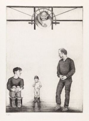  "Hva far gjorde - var alltid rett! La meg gjøre det samme! XIV" by Arne Bendik Sjur - A black and white drypoint image on paper depicting a father standing and observing his two young children, with a young boy seated on a pedal vehicle and a toddler standing with arms outstretched, beneath an ambiguous hanging object in an interior setting
