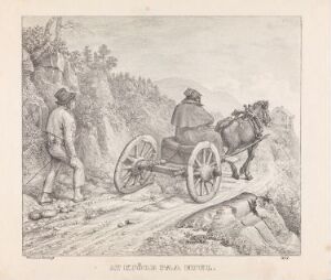  Monochrome lithograph "Å kjøre på hjul" by Johannes Flintoe, featuring a horse-drawn cart with a driver and a standing man on a rugged path, demonstrating the challenges of early rural transportation.