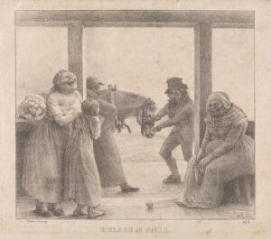  Lithograph by Johannes Flintoe titled "Hulage æ Gæli." The black and white image captures a pastoral interaction with four figures and a horse beneath a wooden overhang; two women, one with a bundle on her head and another sitting down, a man teasing a horse, and the horse responding, set against a muted, sepia-toned backdrop.