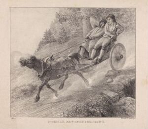  "Normal skyssbefordring" by Johannes Flintoe, a monochromatic lithograph depicting two individuals in a horse-drawn carriage navigating a narrow path, illustrating a historical mode of transport in shades of gray.