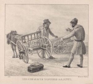  Lithograph by Johannes Flintoe titled "Den a'en æ mye vonnere aa sitti" depicting two traditional-dressed figures inspecting a wooden wheelbarrow, rendered in detailed grayscale.