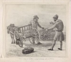  Monochromatic lithograph by Johannes Flintoe titled "Den a'en æ mye vonnere aa sitti" featuring two men in traditional attire, one younger with his hand on a wooden cart, the other