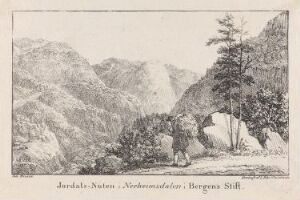  "Jordalsnuten i Nærøydalen," a monochromatic lithograph by Johannes Flintoe, showing a peaceful valley scene with a towering mountain range, a solitary tree, and a boulder in the foreground, rendered in shades of gray to emphasize the rugged textures and depth of the landscape.