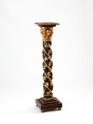  An antique-style spiral column with a square base and cap, featuring dark brown and gilded decorative elements, set against an off-white background. Artistname and title are unknown.