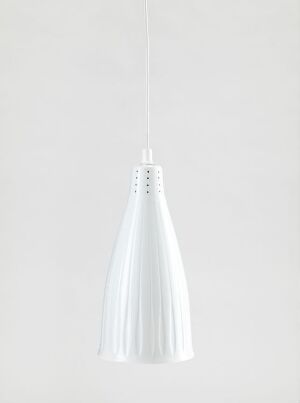  A "Spirependel" porcelain light fixture designed by Konrad Galaaen, featuring a glossy white conical shape with vertical relief lines and circular perforations at the top, suspended by a white cord against a white background.