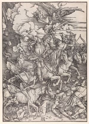  "The Four Horsemen" by Albrecht Dürer, a black and white woodcut print depicting the biblical figures of Conquest, War, Famine, and Death astride horses, charging over fallen bodies amidst a backdrop of stormy clouds.