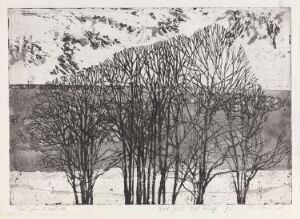 "Nakne trær" by Per Kleiva, a black and white fine art print of a group of leafless, intricate trees in the foreground, with rolling hills and light skies in the background, skillfully created using line etching and aquatint on paper.