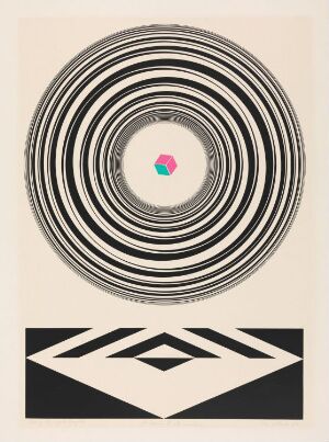  "A Sound of Music" by Per Kleiva, an abstract fine art work with black concentric circles on a light beige background creating a vortex, topped with a small, colorful center, and a black and white geometric pattern below.