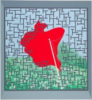  "Frigjering" by Per Kleiva, a color silk screen print depicting a bold red stylized fish leaping upwards from a chaotic green and structured blue maze-like background on paper.