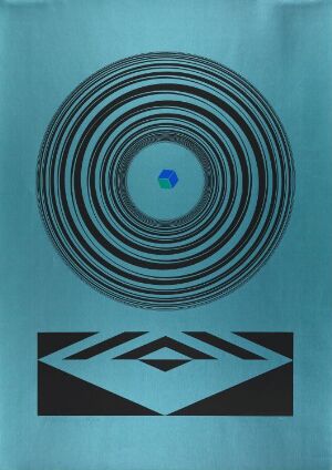  "A Sound of Music I" by Per Kleiva, a silk screen print featuring concentric black and white rings on a soft blue gradient background, with a sharp black abstract triangular pattern at the bottom.