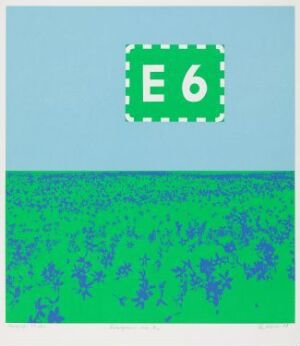 
 "Europavei nr. 6" - a fine art print by Per Kleiva, illustrating a sky blue background with a stylized green European road sign "E6" floating above a pixelated field of bright green and purple, symbolizing the intersection of technology and nature.