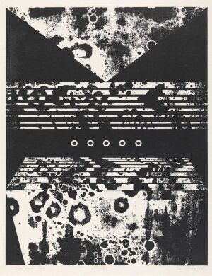  "Blitz" by Per Kleiva, a black and white serigraph on paper featuring an abstract design with a large, speckled shape at the top, horizontal glitch-like bands in the middle, and a central cube with circular patterns at the bottom, suggesting a blend of organic and mechanical forms.